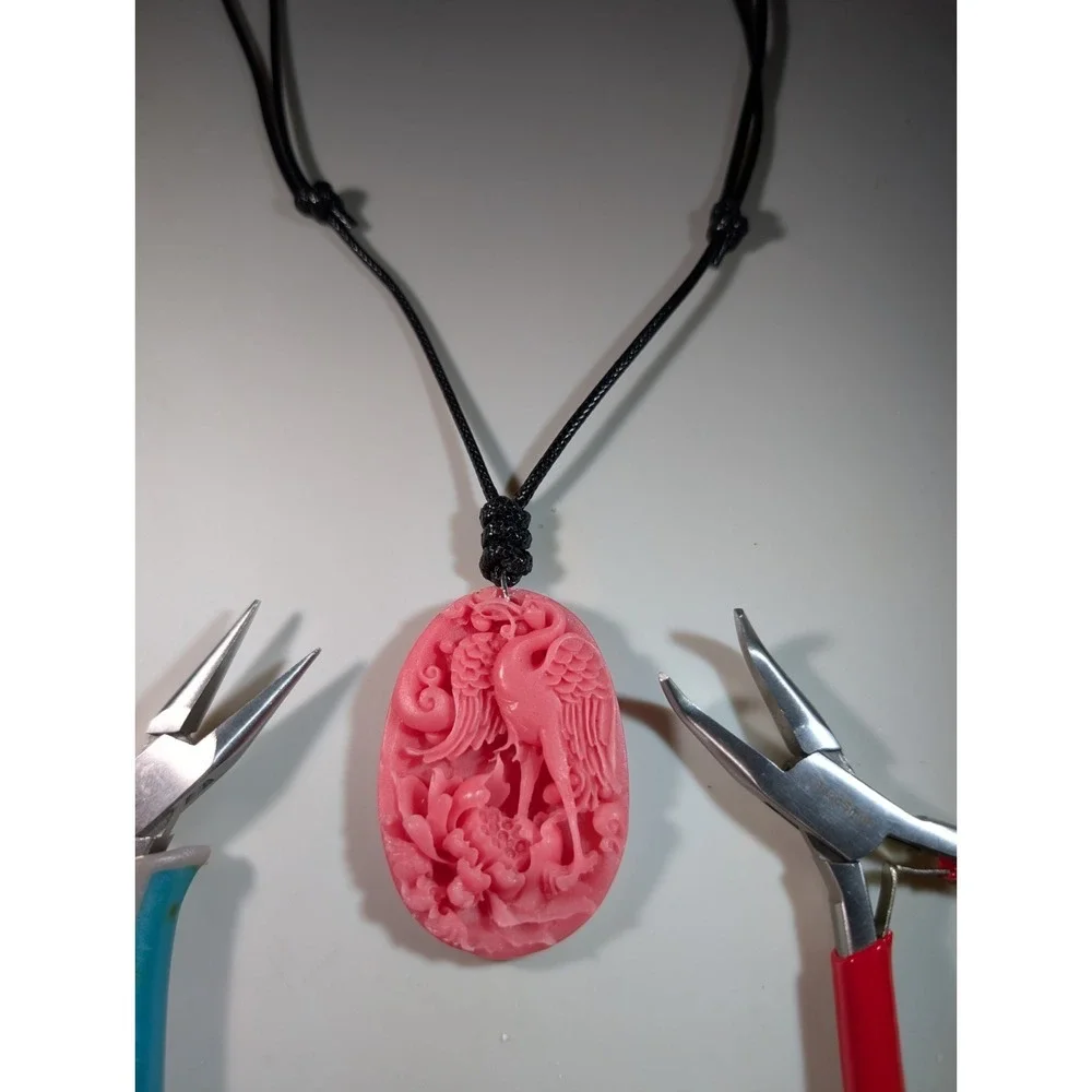 Pink Carved Crane Floral Pendant Necklace Adjustable Black Cord Cinnabar Style